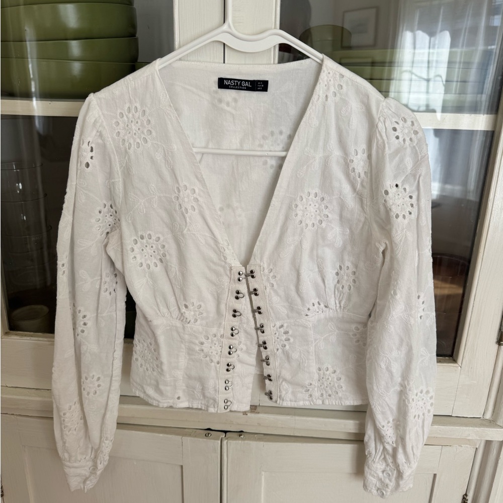 Nasty Gal White Eyelet Lace-Up Peplum Blouse
